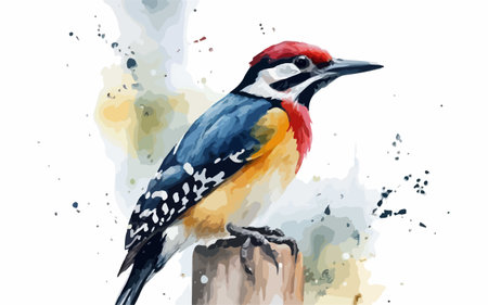 Watercolor painting of a great spotted woodpecker on a wooden postのイラスト素材