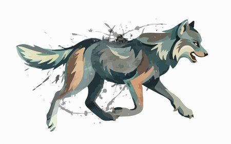 Illustration of a wolf running in the rain. Vector illustration.のイラスト素材