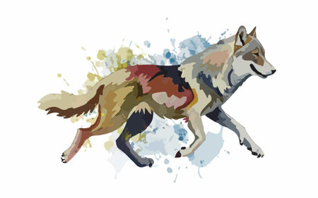 Illustration of a wolf running on watercolor splashes background.のイラスト素材
