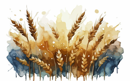 Wheat ears and watercolor splashes background. Vector illustration.のイラスト素材