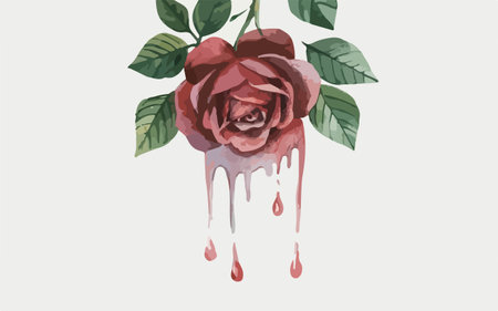 Watercolor illustration of a red rose with dripping drops and leaves.のイラスト素材