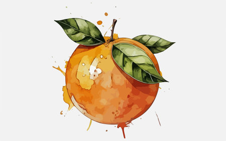 Orange fruit with watercolor splashes on white background. Vector illustration.のイラスト素材
