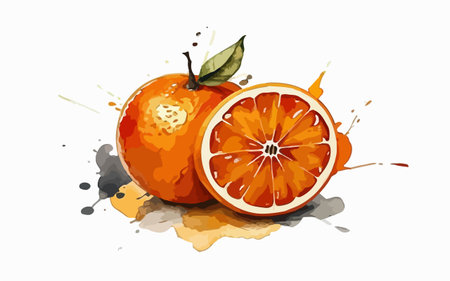 Illustration of fresh orange with watercolor splashes on white backgroundのイラスト素材