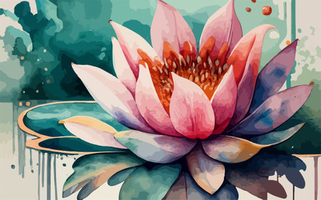 Watercolor pink lotus flower on the background of blue water.のイラスト素材