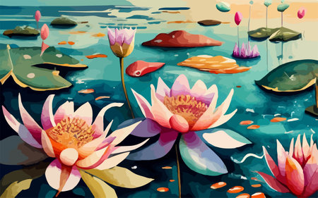 Beautiful water lily flowers on the lake, vector illustration.のイラスト素材