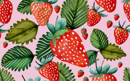 Seamless pattern with strawberries and leaves. Watercolor illustration.のイラスト素材