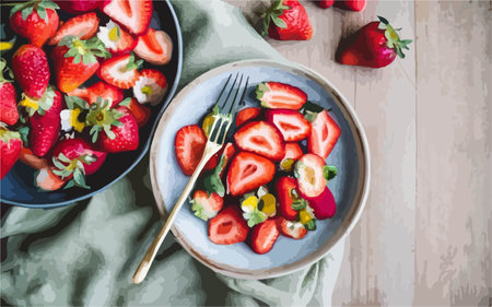 strawberries in a bowl on a wooden background, top viewのイラスト素材