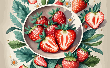 Strawberries with leaves and flowers in a bowl. Vector illustration.のイラスト素材