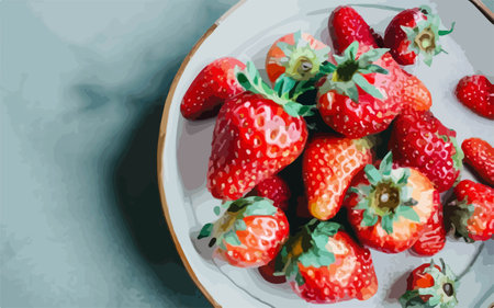 Strawberries on a white plate. Vintage style. Flat lay.のイラスト素材