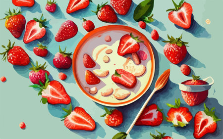 Breakfast with oatmeal and strawberries, top view, vector illustrationのイラスト素材