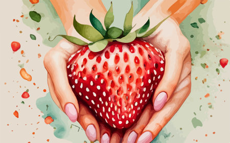 Hands holding a fresh strawberry. Watercolor hand drawn illustration.のイラスト素材