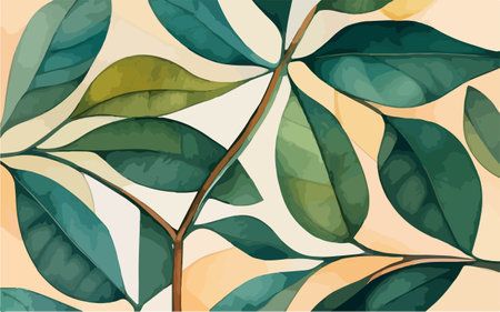Seamless pattern with green leaves on a beige background.のイラスト素材
