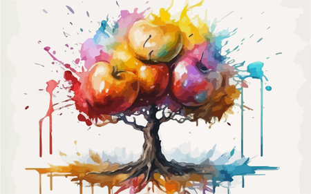 Colorful apple tree in watercolor splashes on white background.のイラスト素材