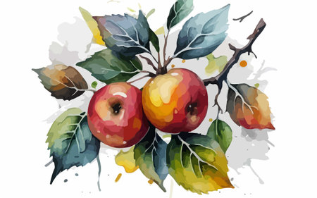 Illustration of apples on a branch with watercolor splashes.のイラスト素材