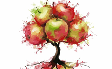 Watercolor apple tree with red and green apples. Vector illustration.のイラスト素材