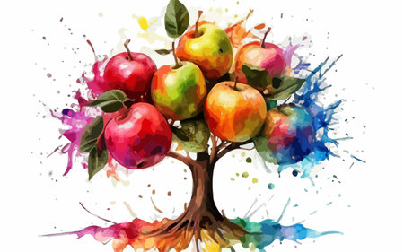 Apple tree with colorful watercolor splashes on white background. Vector illustration.のイラスト素材