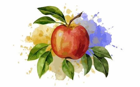 Ripe red apple with green leaves and watercolor splashes on white backgroundのイラスト素材