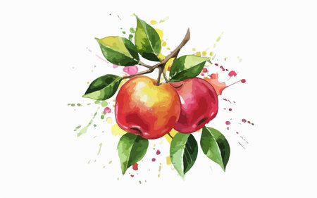 Watercolor illustration of apples on a branch with leaves and splashesのイラスト素材
