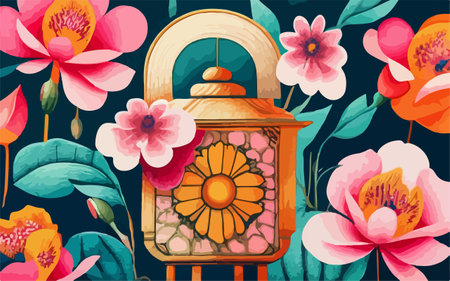 Seamless pattern with decorative lantern and flowers. Vector illustration.のイラスト素材
