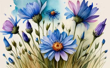 Watercolor illustration of blue cornflowers and daisies.のイラスト素材