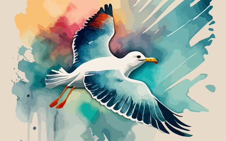 Flying seagull on a watercolor background. Vector illustration.のイラスト素材