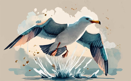 Flying seagull on the background of the sea. Vector illustration.のイラスト素材