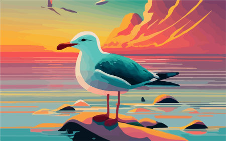 Seagull on the seashore at sunset. Vector illustrationのイラスト素材