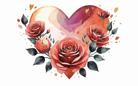 Watercolor heart with red roses and leaves on white background. Vector illustration.のイラスト素材