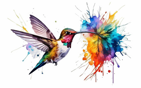 Hummingbird with colorful splashes. Watercolor hand drawn illustrationのイラスト素材
