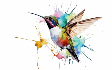 Hummingbird with colorful watercolor splashes isolated on white backgroundのイラスト素材