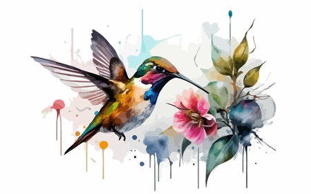 Watercolor hummingbird with flowers and leaves. Hand drawn vector illustrationのイラスト素材