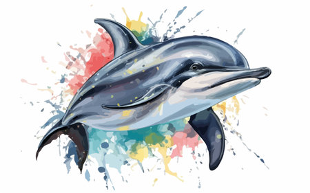 Dolphin vector illustration. Watercolor splashes on white background.のイラスト素材