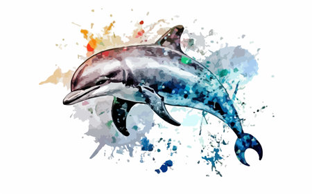 Watercolor splash with jumping dolphin. Vector illustration for your design.のイラスト素材