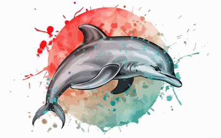 Dolphin in watercolor splashes. Hand drawn vector illustration.のイラスト素材
