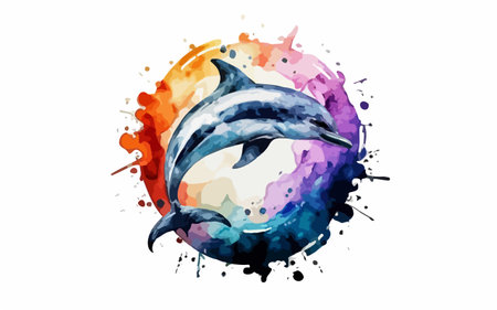 Watercolor splash with dolphin on white background. Hand drawn vector illustration.のイラスト素材