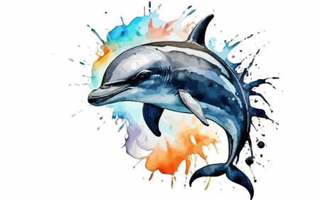Dolphin watercolor splash. Hand drawn vector illustration on white backgroundのイラスト素材