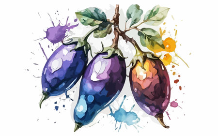 Eggplants with watercolor splashes. Vector illustration.のイラスト素材