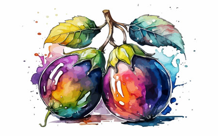 Illustration of plums with watercolor splashes on white backgroundのイラスト素材