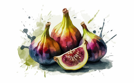 Illustration of figs with watercolor splashes on white backgroundのイラスト素材