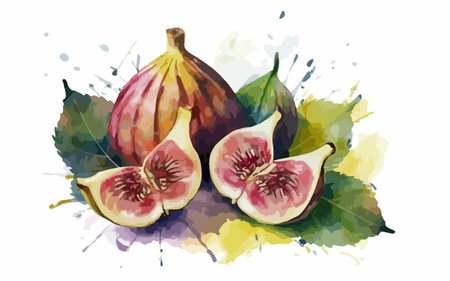 Illustration of figs with watercolor splashes on white backgroundのイラスト素材