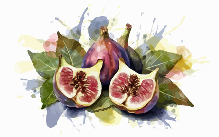 Hand drawn watercolor illustration of figs on watercolor background.のイラスト素材
