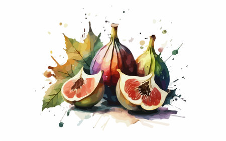 Watercolor illustration of figs and leaves isolated on white background.のイラスト素材