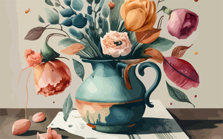 Vase with flowers and leaves on the table. Vector illustration.のイラスト素材