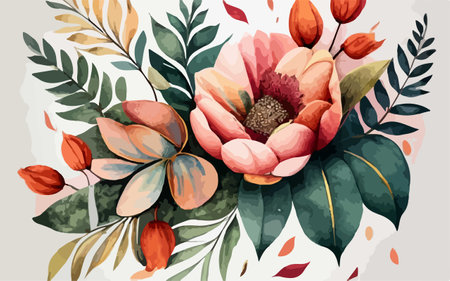 Hand drawn vector abstract floral illustration with tropical leaves and flowers in watercolor styleのイラスト素材