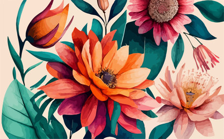 Seamless pattern with watercolor flowers and leaves. Vector illustration.のイラスト素材