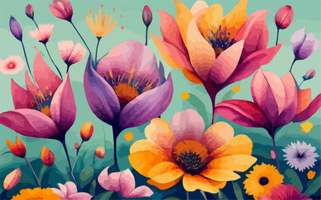 Floral seamless background with colorful flowers in watercolor style, vector illustrationのイラスト素材