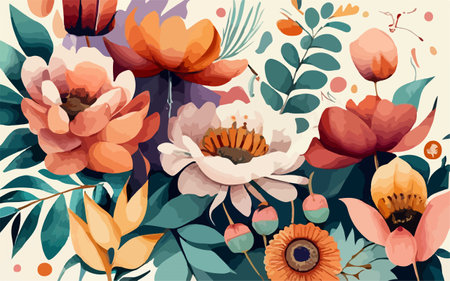 Seamless floral background with flowers and leaves. Vector illustration.のイラスト素材