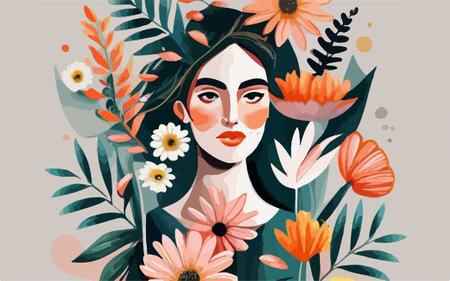 Beautiful woman with flowers and leaves. Vector illustration in cartoon style.のイラスト素材