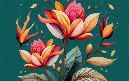Floral seamless pattern with pink and orange magnolia flowers. Vector illustration.のイラスト素材