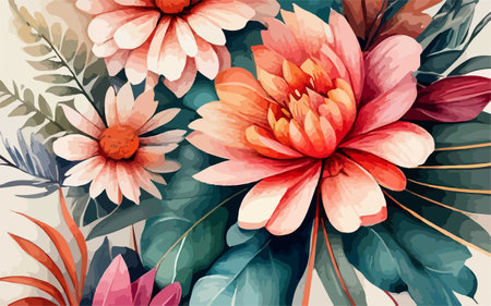 Vintage floral background with dahlias and leaves. Vector illustration.のイラスト素材